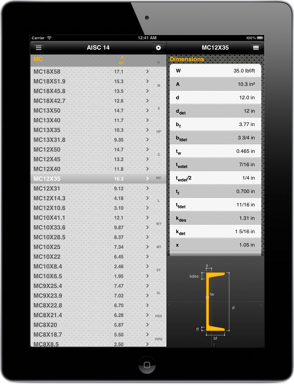 steel profiles AISC app